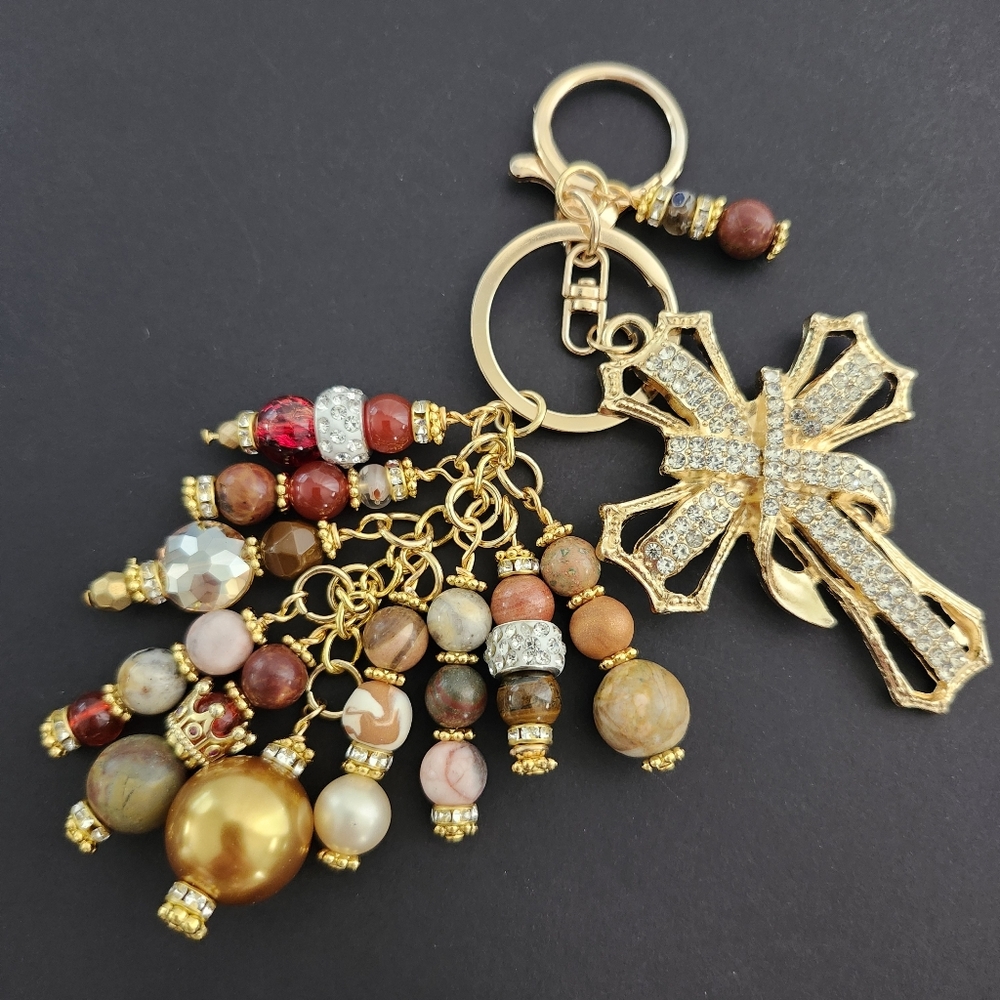Holy Cross Purse Charm or Keychain Carnelian Agate Stone Handcrafted